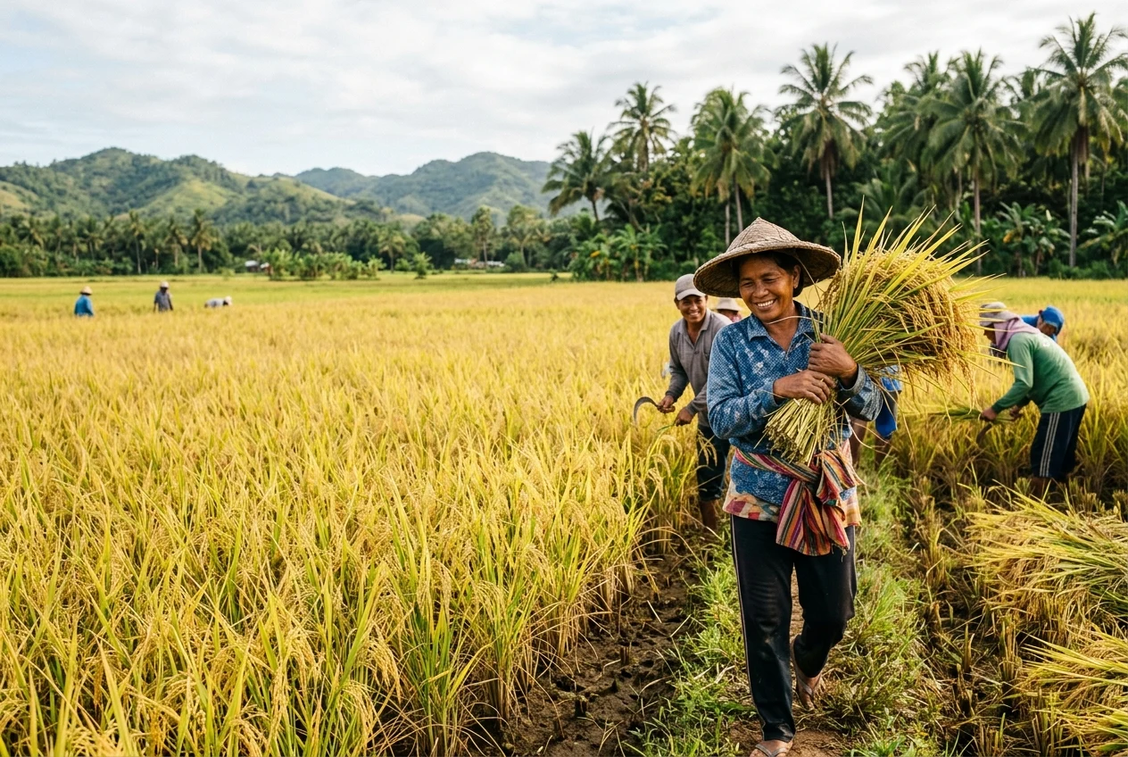 Magsasaka sa ginintuang palayan ng Narra, Palawan sa ilalim ng maaliwalas na panahon